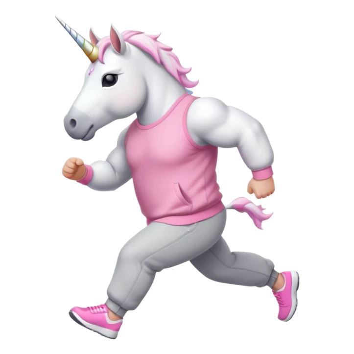 friendly anthropomorphised male white unicorn with a fit, chunky, muscular and strong physique, white arms and legs, wearing grey tracksuit pants and pink jumper, sunglasses, walking quickly sticker