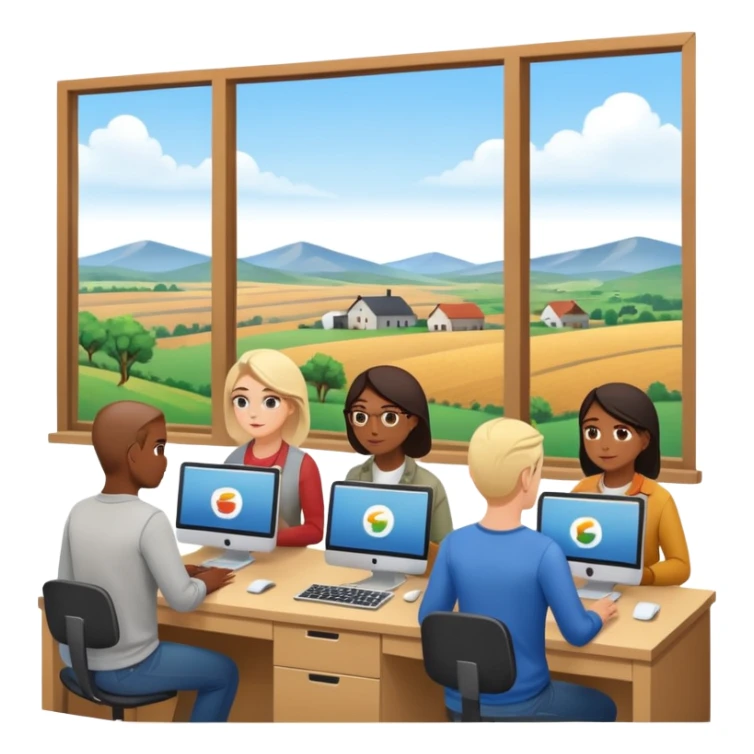 Employees of a startup company working on their computers while looking out the window at the rural landscape.w sticker