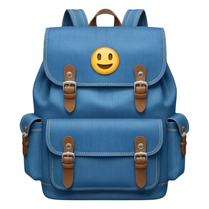 An emoji-style blue denim backpack with a flap top and two small buckle straps attached only on the flap, not connected to the front panel. No front pockets or vertical straps below the flap. Clean and minimal design with two side pockets. Cartoon icon, front view.



 sticker