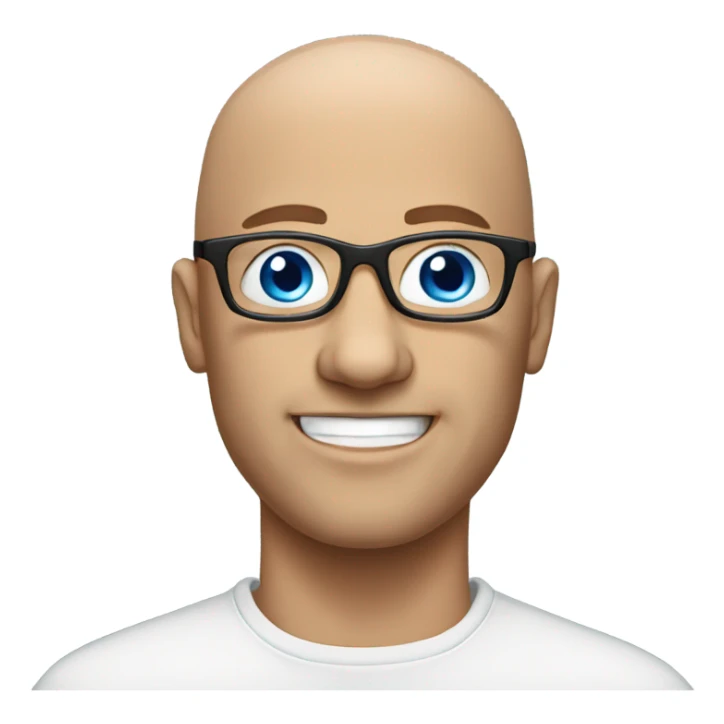 bald man with glasses indoors, blue eyes sticker
