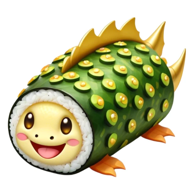 Cute Kawaii Dragon Roll, long and curled like a tiny dragon, bright green avocado scales, happy smiling face, chubby round body, sparkling golden sushi eyes! sticker