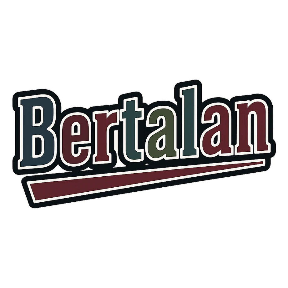 Text image of the name 'Bertalan' in a masculine, modern, gradient font with precise Hungarian characters, dark contour, extra thick, prominent white letter outline as in reference images, dynamic slanted underline, masculine color shades including blue, gray, burgundy, green, and brown, 1000x1000 px, PNG, transparent background. sticker