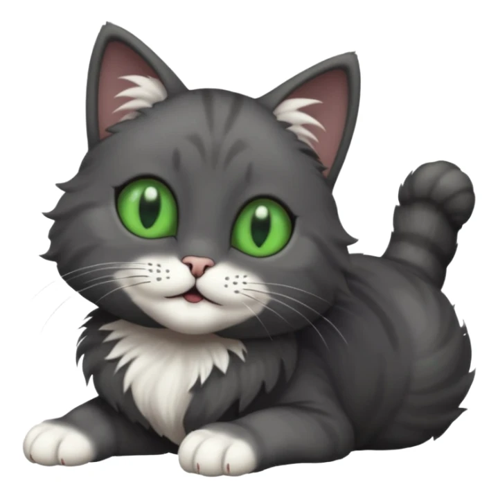 solid dark grey cat with green eyes, fully grey face, white toes/paws playfully rolling upside down sticker