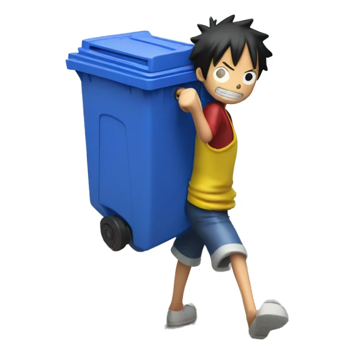 Luffy from one piece taking out his recycling bin, which has a blue body and yellow lid. He is dragging the bin outside sticker