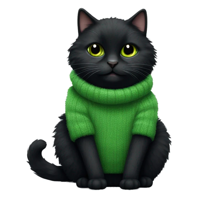 black fluffy cat sitting full length in green fluffy sweater sticker