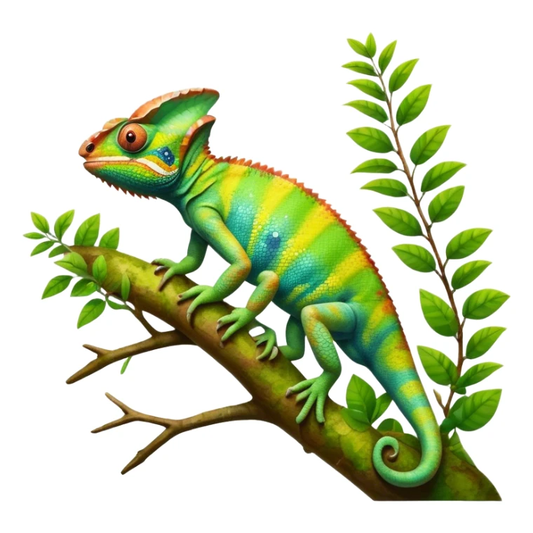 Giant Chameleon blending into natural surroundings, perched on a branch. Its vibrant colors shift with the environment. Lush greenery, branches, and soft sunlight create a peaceful, nature-filled background. Transparent background, showcasing the chameleon's colorful, textured skin. sticker