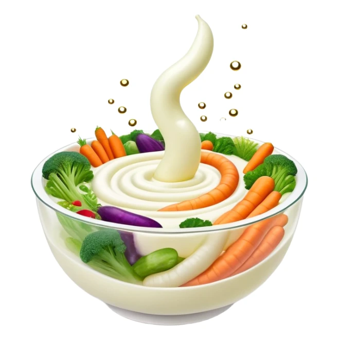 Bowl of glowing white yogurt and colorful fermented vegetables floating around a luminous spiral intestine. Golden bubbles and green particles flow from the intestine, representing beneficial bacteria creating harmony and strengthening immune defenses. sticker