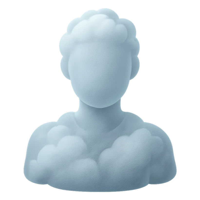 faceless person, facing straight, fully composed of white fluffy convex clouds, shoulders up, no shadows, matte glass style sticker