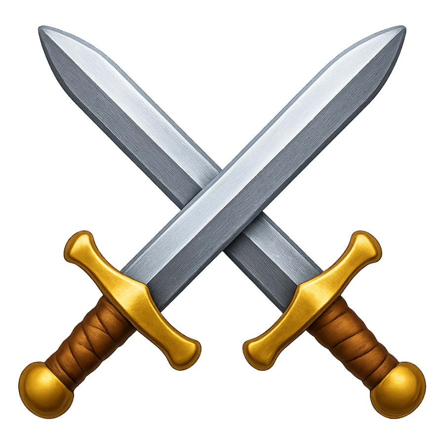 Сгенерируй мне в стиле детализированного емодзи два скрещенных меча железных на пнг фоне без фона sticker