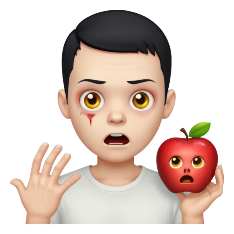 zombie boy with black buzz cut hair and white t shirt, surprised expression, apple style emoji sticker