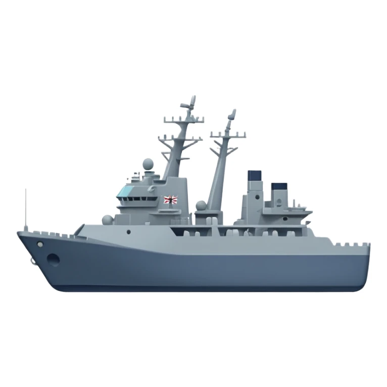 A flat 2D vector emoji of a grey Navy warship, Apple iOS emoji style, simple shapes, solid colors, minimal detail, no gradients, no 3D effects, white background. sticker
