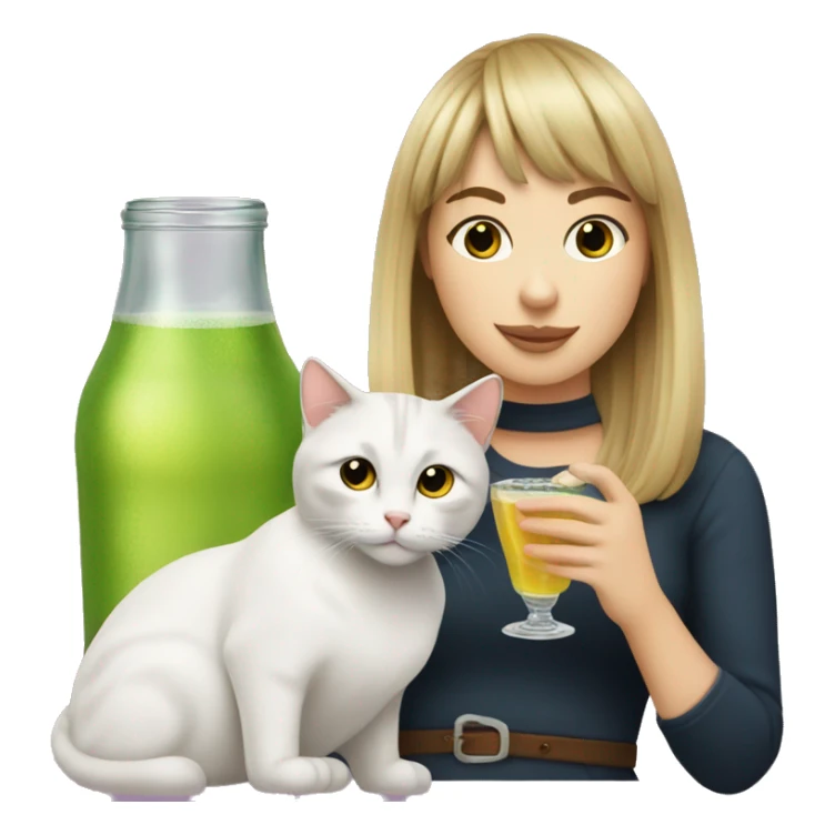 White girl with bangs and a tabby cat drinking cachaca sticker