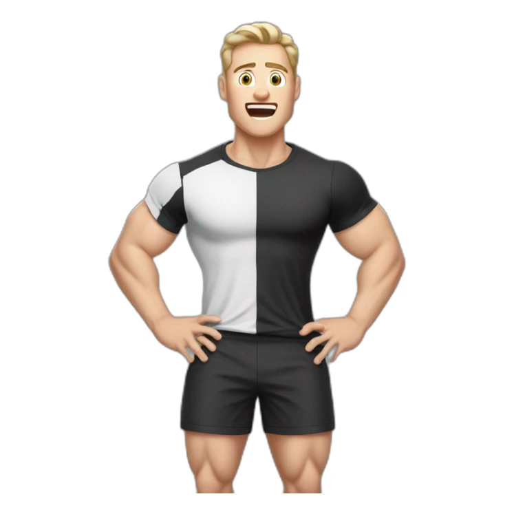 amazed Open with surprise mouth Pale skinned Fit Man With the biceps and dark brown hair in black shirt, gray sports shorts and white Sneakers sticker