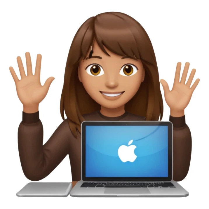 a designer with tan skin long brown hair bangs waving with computer sticker