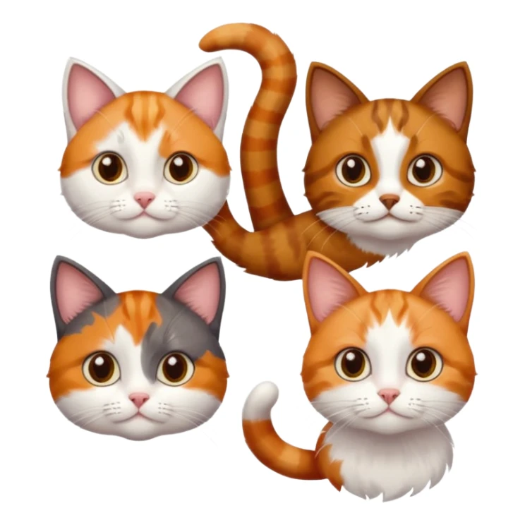 3 different coloured small cats including a dark brown tabby and white, and a patchy calico, and a ginger and white sticker