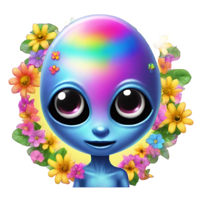 Lisa frank rainbow alien with big oval head and big black eyes with flowers sticker