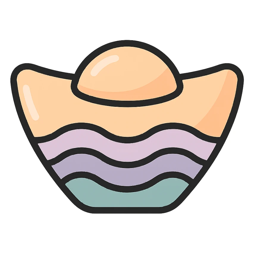 Chinese gold ingot (yuanbao) with wave pattern, thin clean contours, soft rounded shapes, pastel palette #98B5BC, #B5B3C1, #C9A3C9, #E4C0CA, #F7DCD1, #F7C0AA, detailed shadows and highlights, soft lighting, transparent background, Chinese eastern style, no surrounding decoration sticker