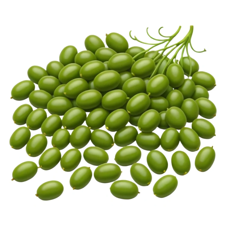 mung beans, cluster or scatter, whole, smooth oval, glossy, vibrant green, color variation, fresh, uncooked, firm, no sprouting, no bowl, no packaging, no faces, clean 3D, soft shadows, transparent background, emoji scale sticker