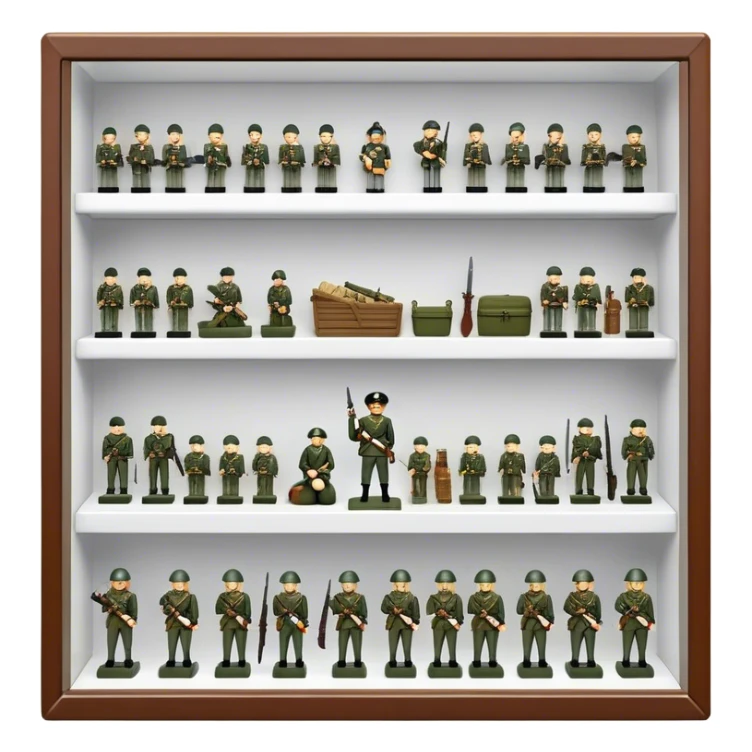 Icon for Miniature Collecting: a collection of finely detailed miniature items such as tiny army of soldiers, figurines and accessories, neatly displayed on a shelf or in a display case. The icon should convey the intricacy and charm of collecting miniature objects. Transparent background. sticker