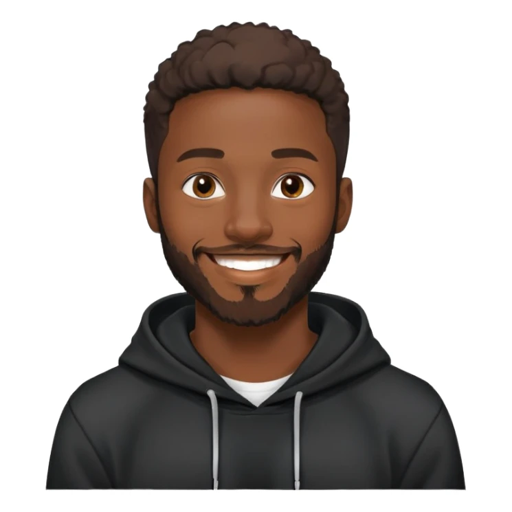 African yound man in his late 20s with a  bright smile with a short boxed beard, black hoody sticker