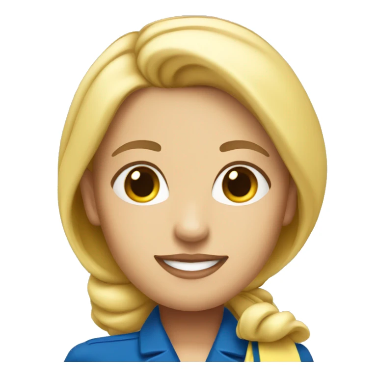 White blonde flight attendant with blue uniform and yellow scarf without hat sticker