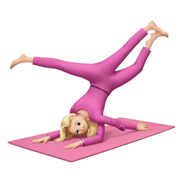 A fair-haired girl in a pink suit does a back bridge on a mat sticker