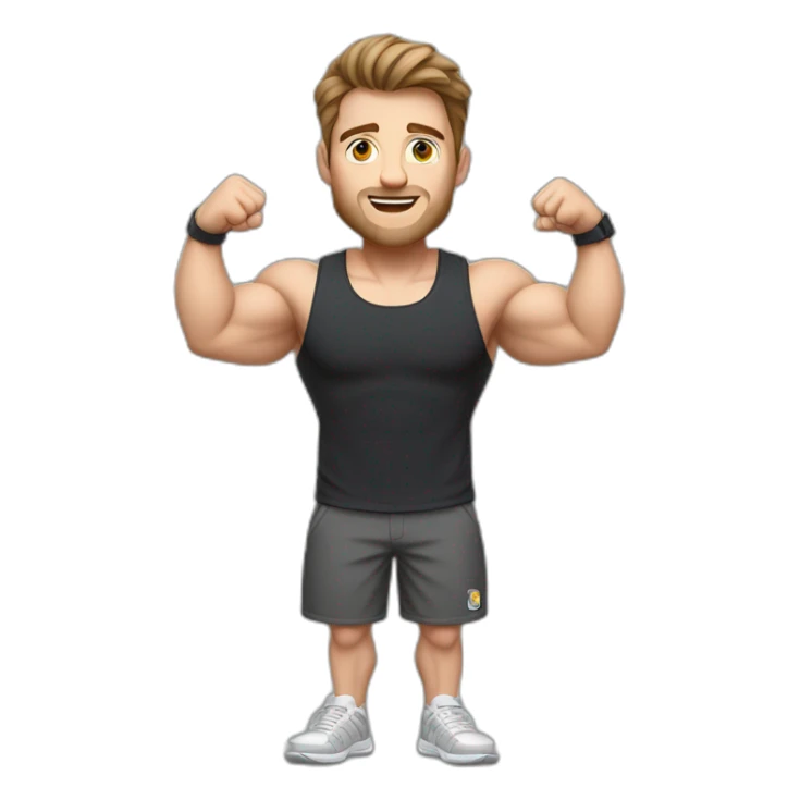 Full height realistic Actively gesturing with hands Pale skinned Fit Man With the biceps and brown hair in dark gray Sleeveless Mike, black oversize sports shorts, watch and white Sneakers sticker