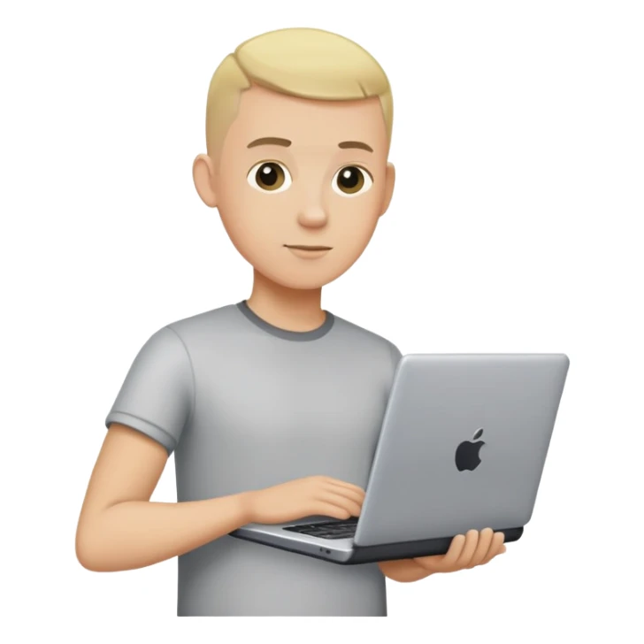 blonde male buzzcut holding a laptop sticker