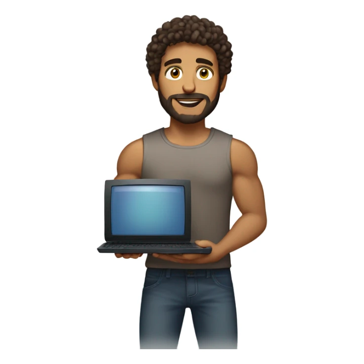 men carrying a computer in his hands. light brown skin men with curly dark brown hair, brown eyes, little grown beard. imposing, bit muscular build. dressed casual. sticker