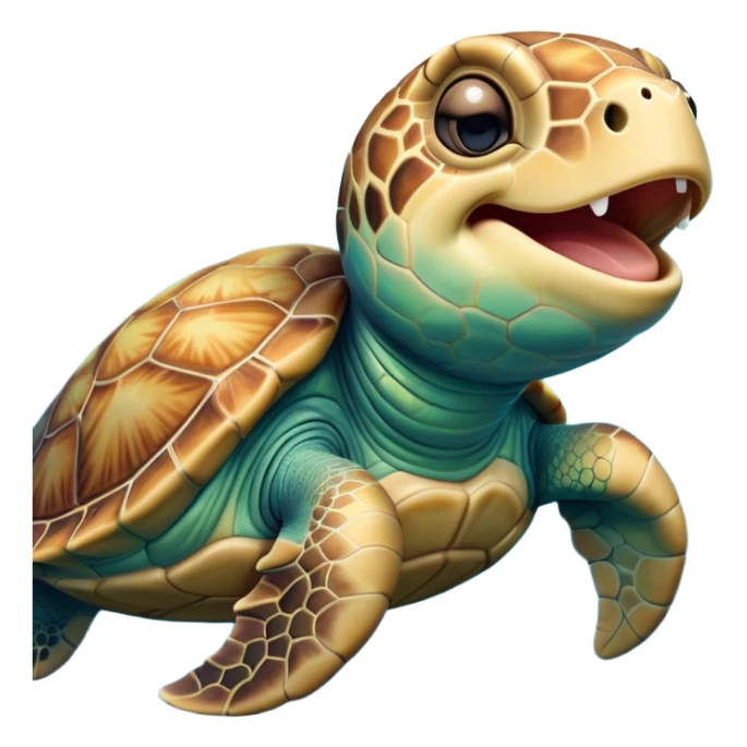 Cinematic Cute Yawning Sea Turtle Portrait Emoji, Head tilted slightly with a dramatic, wide-open yawn, showcasing a stately, patterned shell and a smooth, aged body with sleepy, half-closed eyes, Simplified yet irresistibly adorable features, highly detailed, glowing with a soft, cozy oceanic glow, high shine, relaxed yet expressive, stylized with a dash of whimsical marine charm, soft glowing outline, capturing the essence of a drowsy yet affectionate sea turtle that appears ready to stretch out for a nap! sticker