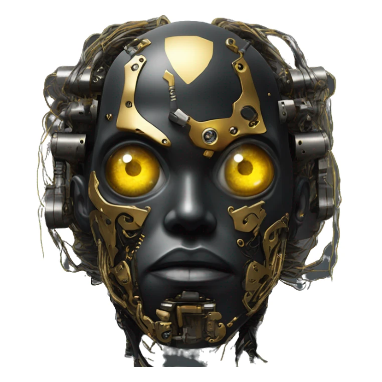 black metal male cyborg head with  one artificial eyeball, circuitry, goatee and dreaded yellow gold hair sticker