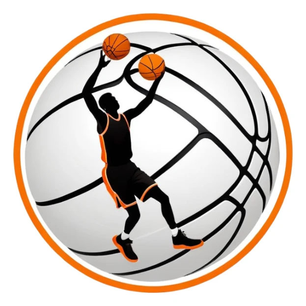 Ultimate minimal basketball silhouette, orange circle with only essential black lines, tiny NBA Spalding mark, iOS emoji style sticker