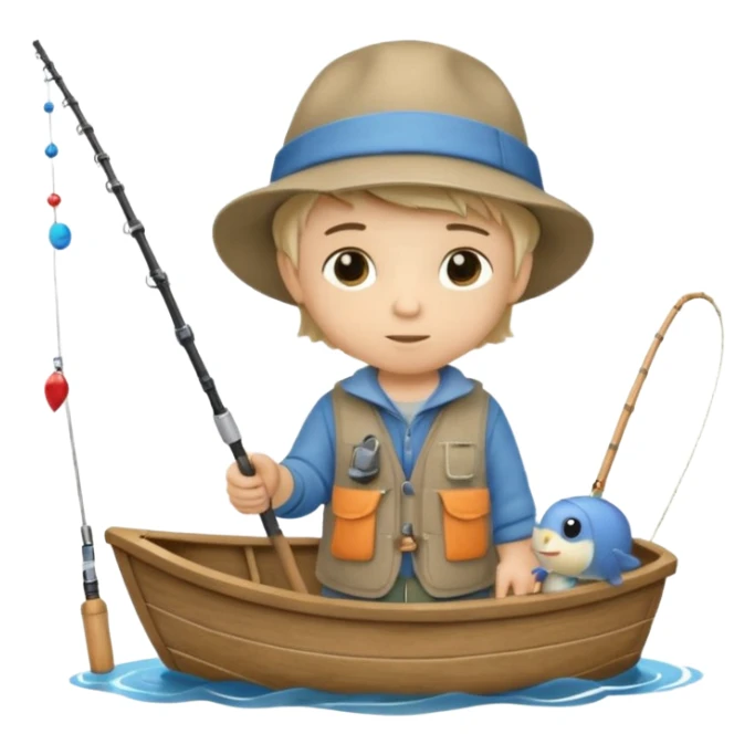 Little boy on a little boat fishing, felt texture, scrapbooking, precious moments style character sticker