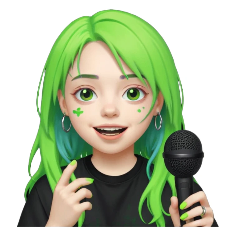 billie eilish is singing, holding mirco and smile, die hair neon lime sticker