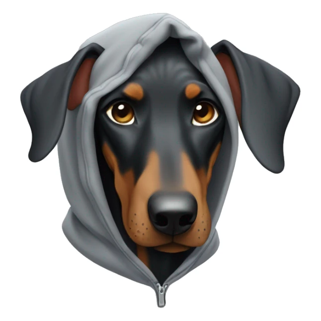 cute doberman wearing a grey baggy hoodie sticker