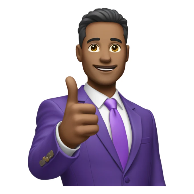 Business man in purple suit multimillionare, points with one arm upwards, white skin sticker