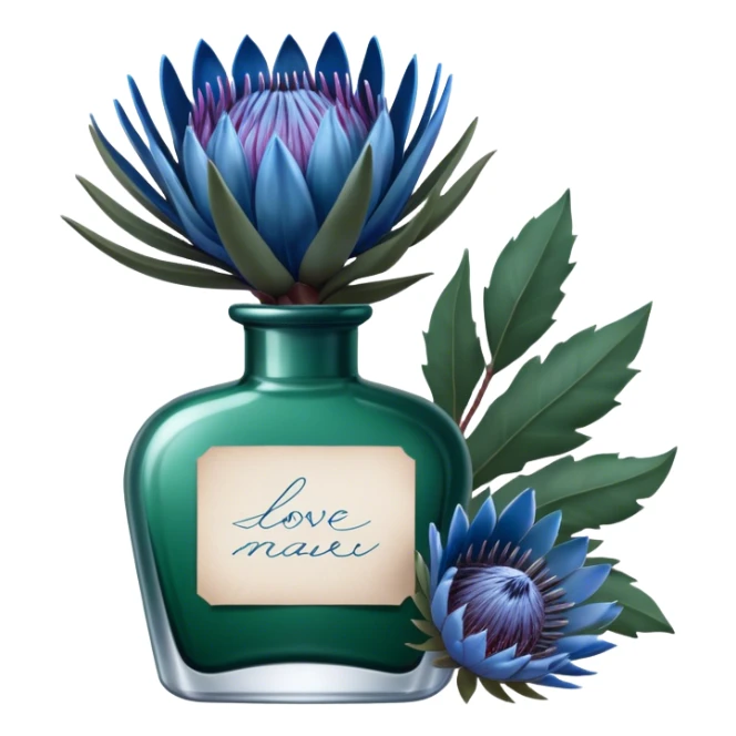 Dark green captivating perfume bottle with blue proteas and a handwritten love letter sticker