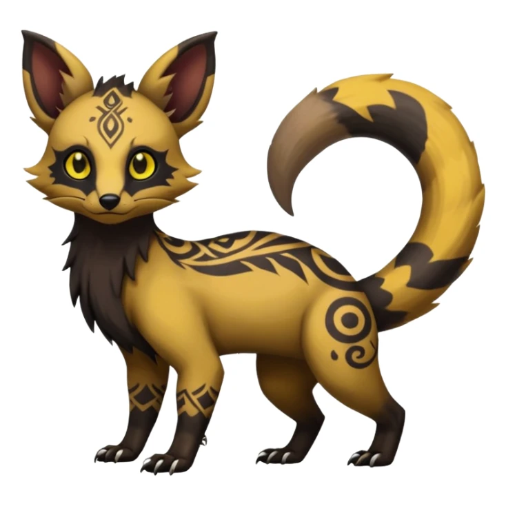 Rare warm-colored exotic cute epic aesthetic gothic colorful Salandit-Eevee-Civet-species-Fakemon-hybrid-creature, with tribal tattoo markings, full body sticker