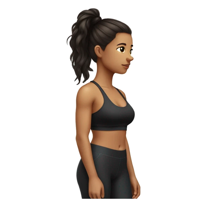 Side view of a brunette girl standing on a bathroom scale, looking down, wearing black leggings and a sports bra, her hair is down sticker