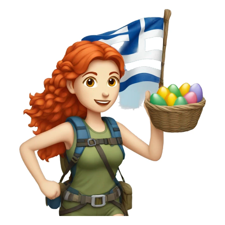 Female mountaineer red hair climbing with Greek flag and holding Easter eggs basket sticker