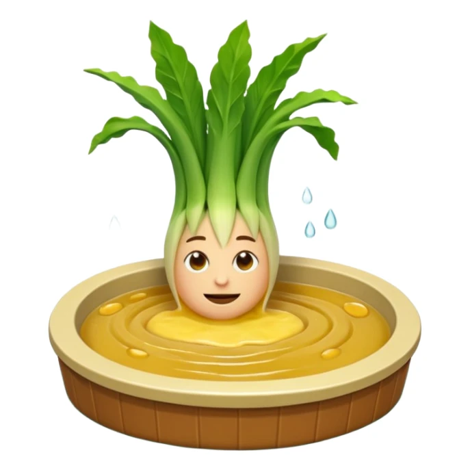 Create a 3D emoji of a relaxed leek in a jacuzzi filled with a slightly lumpy, yellowish-brown sauce sticker