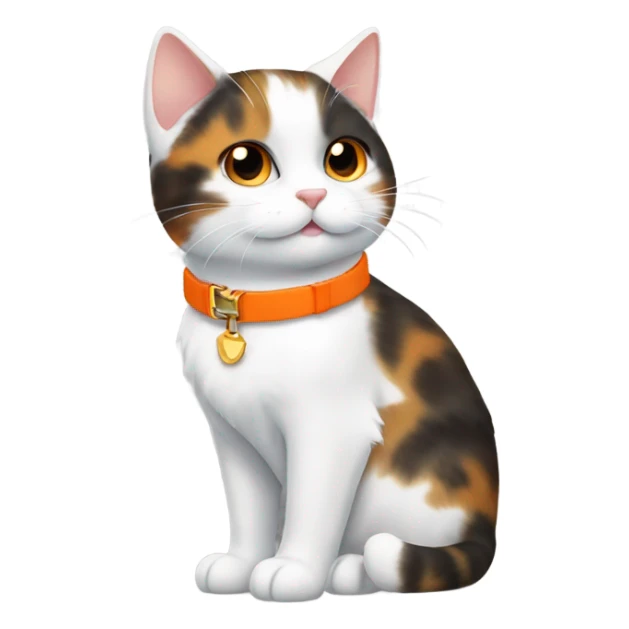 happy cute tortoiseshell white cat with orange cat collar full body from half side perspective  sticker