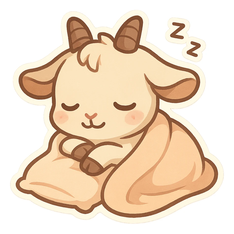 chibi goat, taking a nap, snuggled with a blanket, closed eyes, simple background sticker
