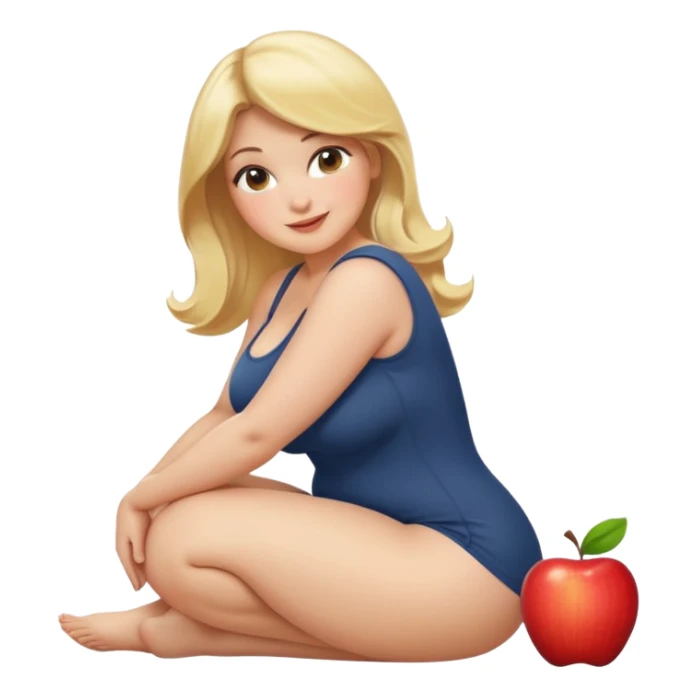 curvy blonde woman, front view, bending over, sitting on her soles, friendly expression, SFW, no explicit content, apple emoji style sticker