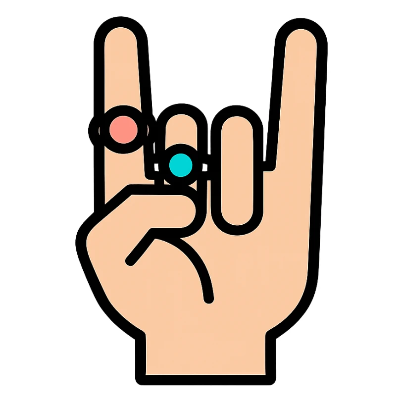 hand with rings making the metal sign, bold lines, minimal color, outlined style sticker
