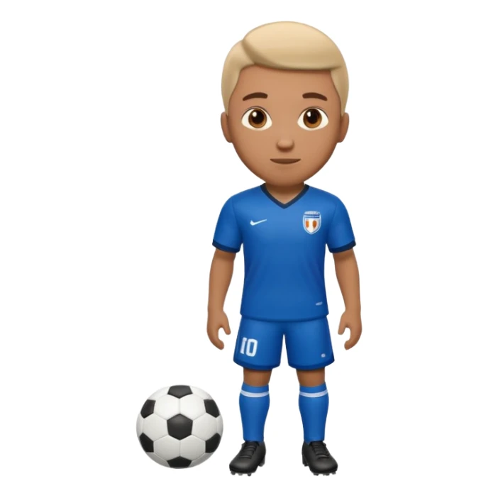 Apple iOS emoji style soccer player standing, front view, glossy 3D, stadium lights sticker