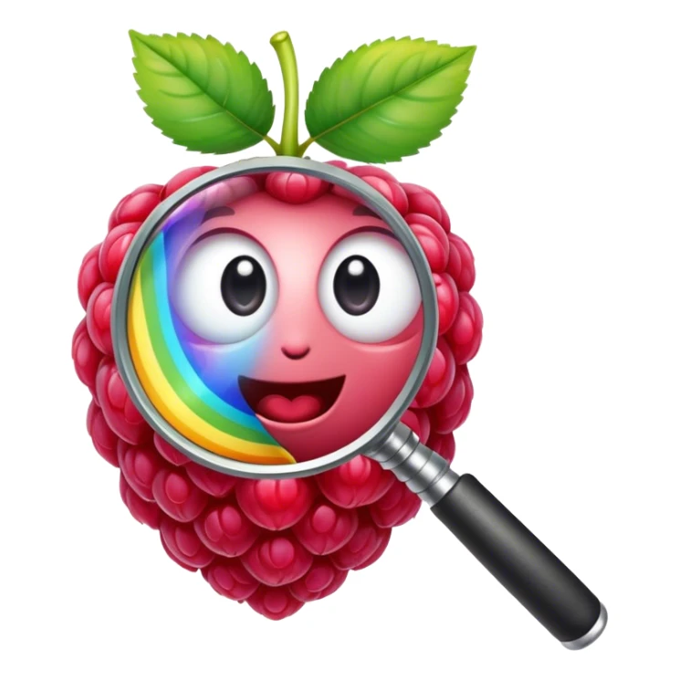 a raspberry holds a rainbow colored magnifier with its budding from handle of magnifier sticker