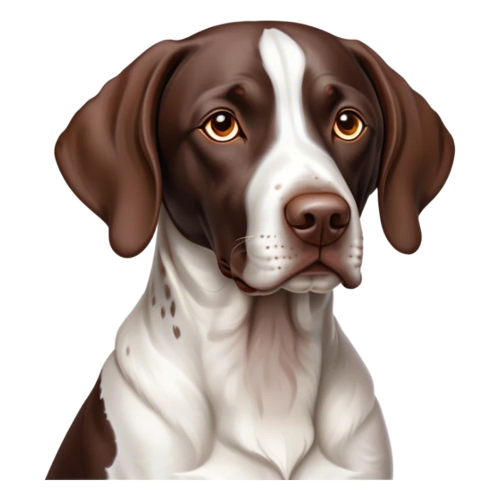 Cinematic Noble German Pointer Portrait Emoji, Poised and regal, with a lean, athletic build and a sleek, short coat in liver and white, deep-set soulful brown eyes, Simplified yet sharp and sophisticated features, highly detailed, glowing with a soft, dignified glow, high shine, intelligent and driven, stylized with an air of determination, focused and attentive, soft glowing outline, capturing the essence of a watchful and commanding hunter, so majestic it feels as though it could sprint out of the screen with effortless authority! sticker