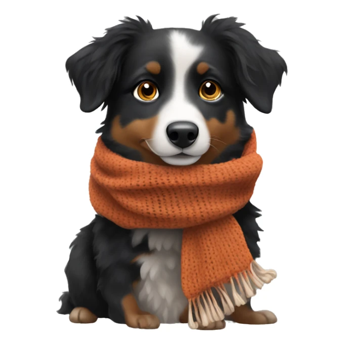 Small black australian shepherd dog wearing a knit scarf sticker