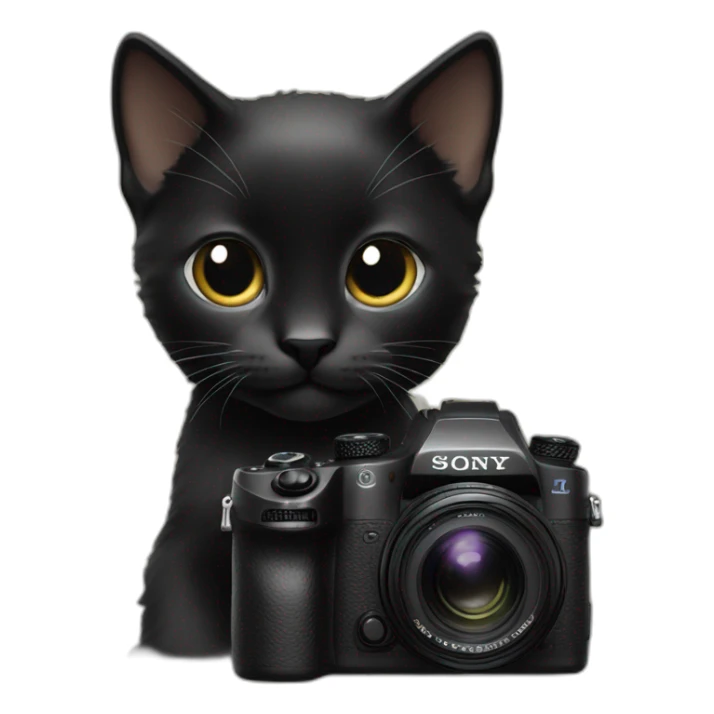 head of a tender black kitten, with a sony camera sticker
